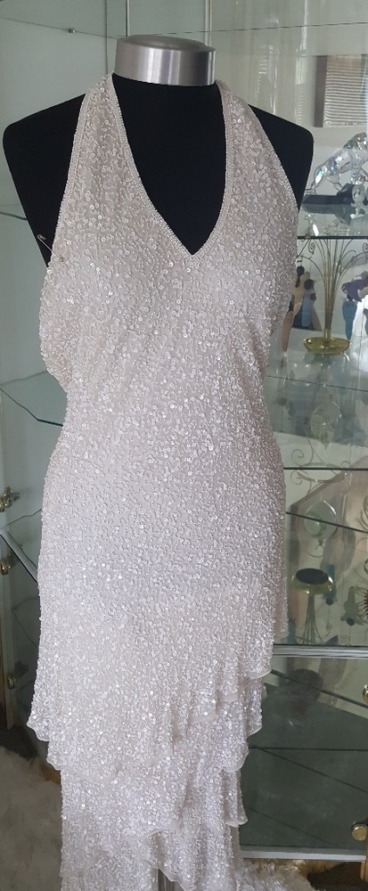 White Layered Beaded Dress Halter Dress